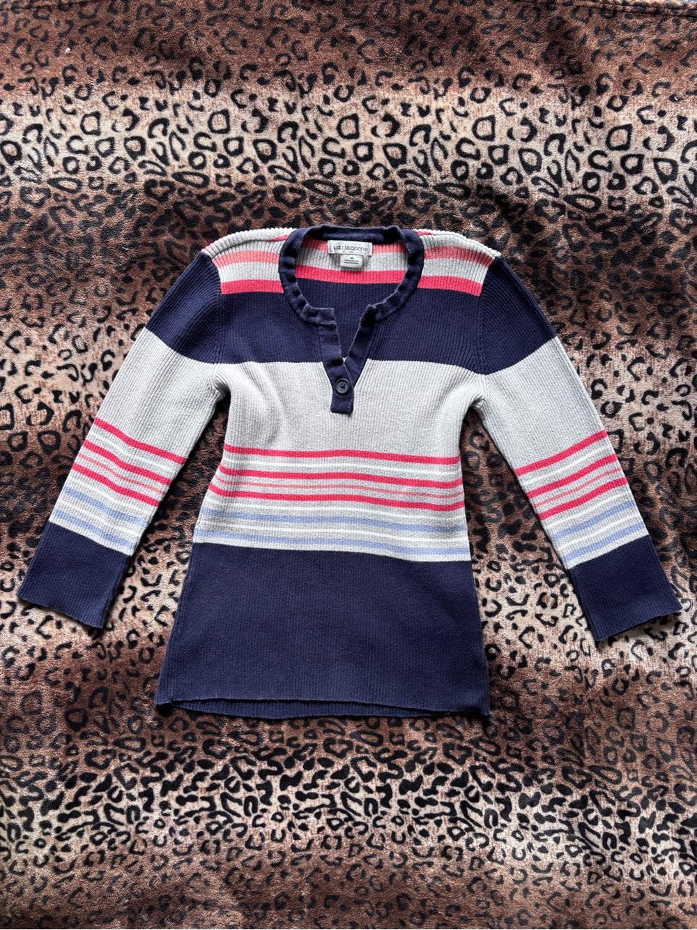Liz Claiborne Navy, Pink & Light Gray Striped Henley Knit Top